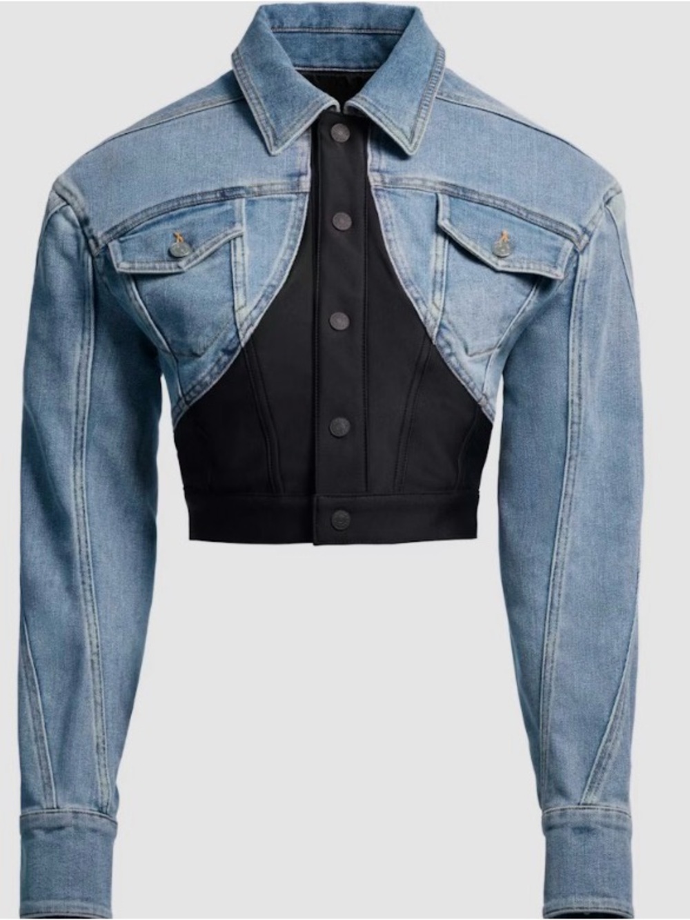 Cropped Two-Tone Denim Jacket - Light Blue & Black